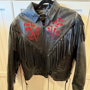 Interstate Fringed Leather Jacket with Red Floral Inlay